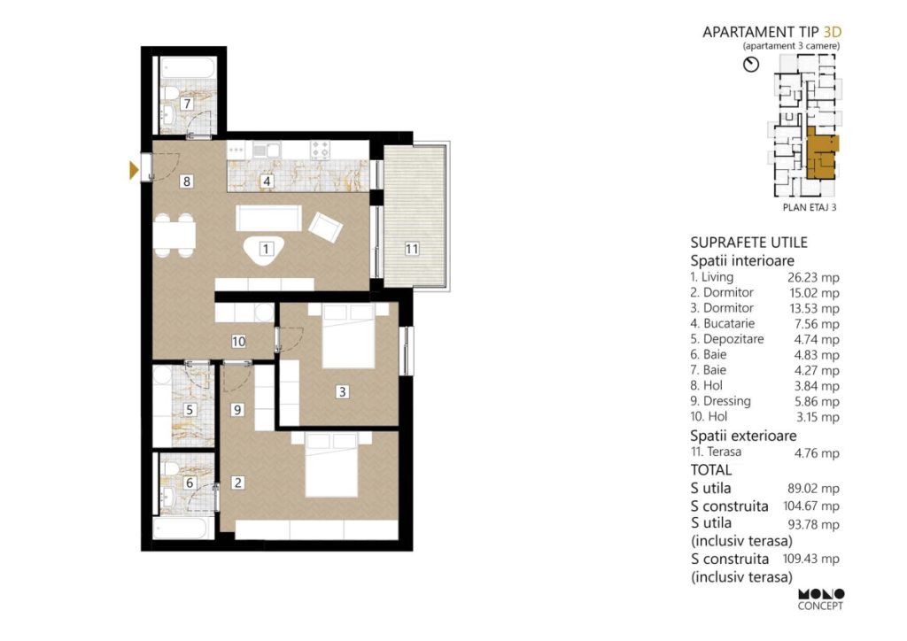 Apartament 3 camere - TIP 3D
